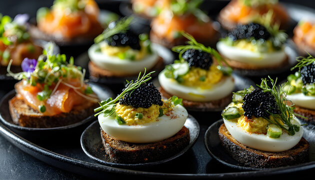 Delicious deviled eggs with black caviar and sandwiches with herring, pickles, and sprouts arranged on black plates for a celebration, party, or catered event on a dark background