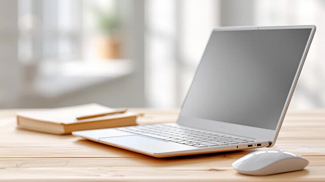 Minimalist workspace featuring white laptop, wireless mouse, and notebook on wooden desk