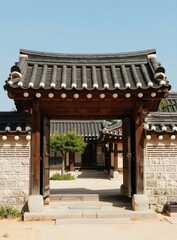 Fototapeta premium Wooden gate opens to courtyard of traditional Korean tiled house with stone walls. A small tree grows near entryway into historic building with detailed roof.