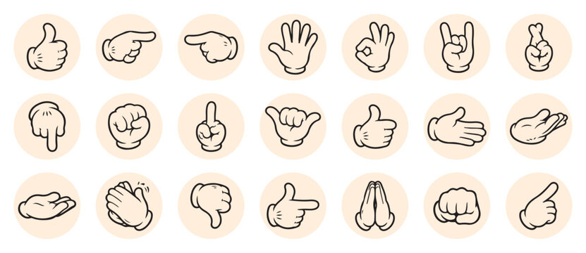 Cartoon gloved arms. Comic hands in gloves, retro doodle arms with different gestures vector isolated illustration icons set. Showing numbers, pointing with finger. Rock sign, thumb up, high five