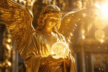 Fototapeta premium Golden angel statue holding glowing crystal orb with spread wings and intricate details in a warm light setting representing peace and spirituality