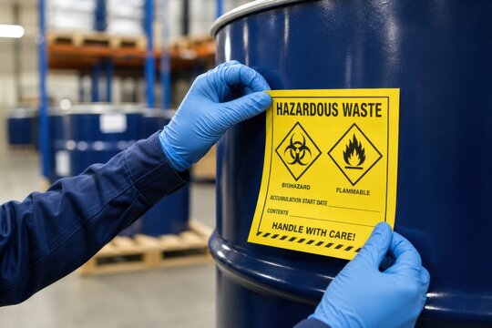 Worker applying hazardous waste label to drum in an industrial warehouse setting to ensure safety compliance and proper disposal of toxic flammable biohazard materials