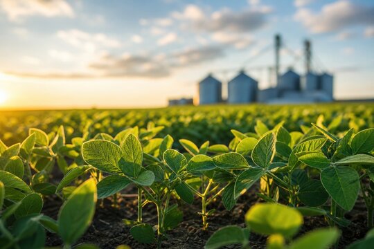 Young green soybean plants growing in field with large grain silos in the distance under a warm sunset sky during the agricultural growing season