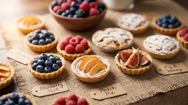 Assorted fruit tarts and mini berry pies topped with fresh blueberries raspberries peaches and figs arranged on a rustic burlap surface with handwritten labels for a bakery display