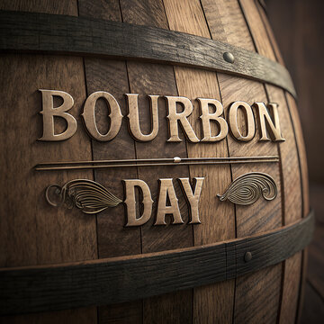 Bourbon day written in 3d letters on wooden barrel.