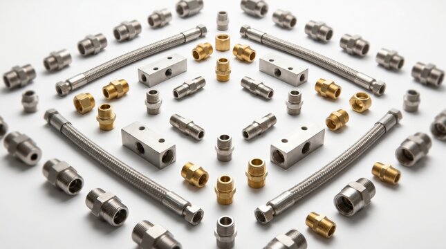 Plumbing fittings and flexible stainless steel hoses arranged in a symmetrical geometric pattern including brass couplings and industrial hardware components for hydraulic systems