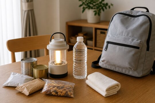 ランタンと防災リュックを並べた家庭の備え