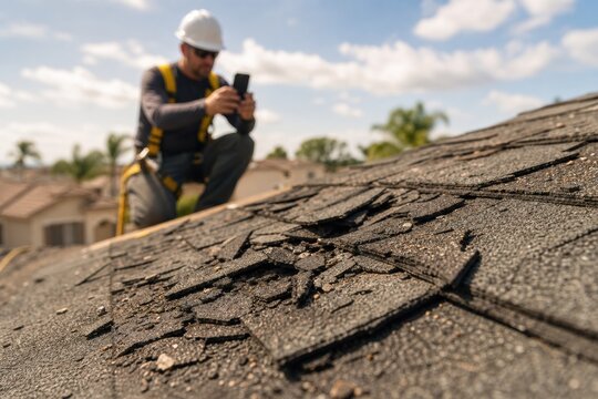 Damaged asphalt roof shingles with a professional inspector taking a photo for an insurance claim or repair estimate during a home inspection