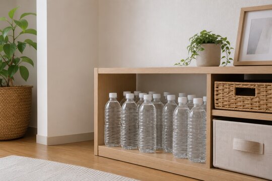 棚に保管した飲料水の家庭備蓄
