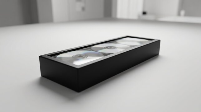 Three compact discs in a black box representing digital data storage and media archiving solutions for modern technology and software distribution