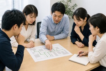 Fototapeta premium 避難経路図を囲んで確認する社員チーム