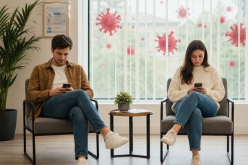Obraz premium Young man and woman sitting in chairs using smartphones while socially distanced in a clinic waiting room during a pandemic with virus symbols on the window