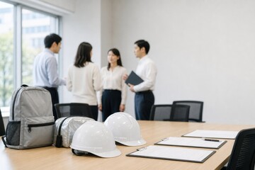 Fototapeta premium 研修前の机に並ぶ防災用品とヘルメット