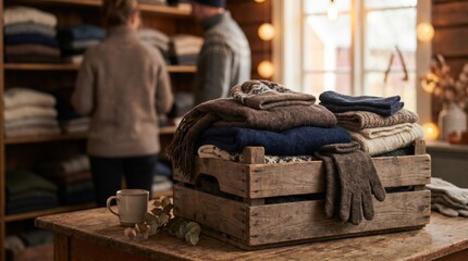 Fototapeta premium Stack of folded winter wool clothes in a wooden crate on a rustic table inside a cozy boutique with shoppers browsing shelves during the cold autumn season