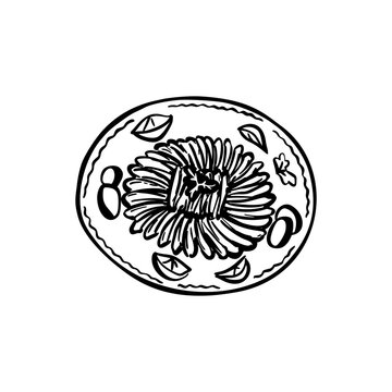 Hand drawn anchovy plate pencil drawing. Hand drawn sketch doodle vector illustration. Turkish hamsi tava. Portuguese sardine dish. Fish and seafood restaurant menu design element