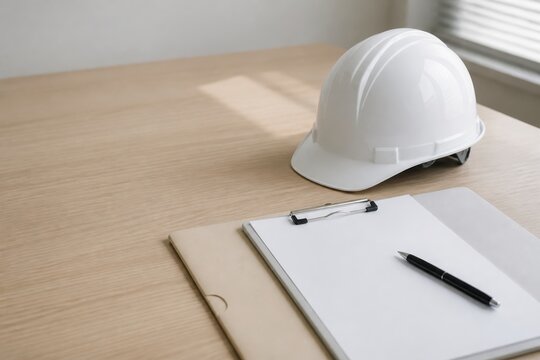 ヘルメットと書類を机に置いた防災準備
