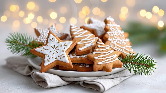 Festive holiday cookies: star and tree-shaped gingerbread with icing on white plate