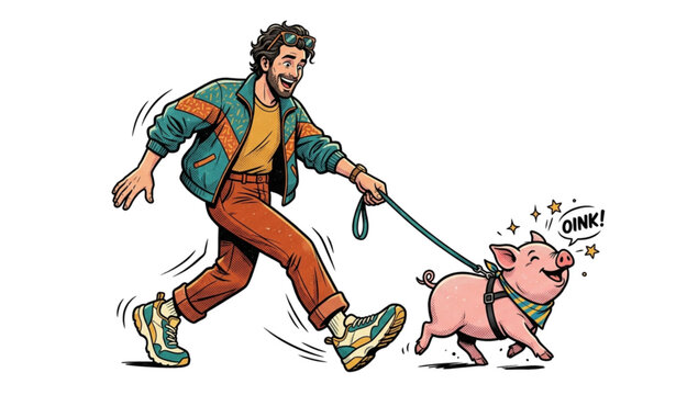 Retro pop art comic illustration with fashionable man walking a cute mini pig character