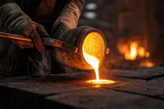 Molten metal pouring from a crucible held by a worker in a foundry during the casting process of industrial manufacturing and metalworking production