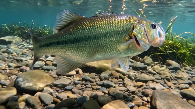 Majestic largemouth bass swimming above a rocky lake bottom in clear freshwater