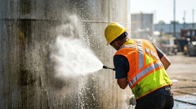 Industrial worker using high pressure water sprayer to clean a large concrete tank at a construction site while wearing safety gear including a hard hat and high visibility vest