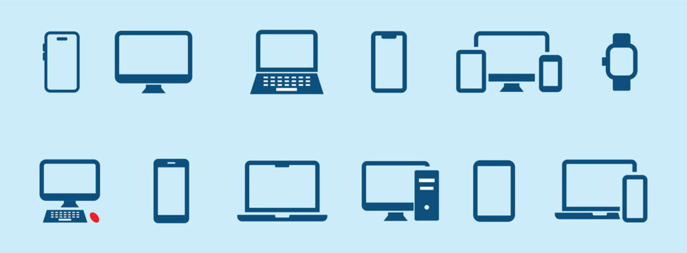 Device icons set. smartphone, laptop, desktop computer, tablet, smartwatch, mobile phone, keyboard and mouse. vector illustration. eps 10