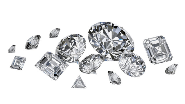 Isolated brilliant cut and fancy shape diamonds scattering, sparkling gems luxury objects