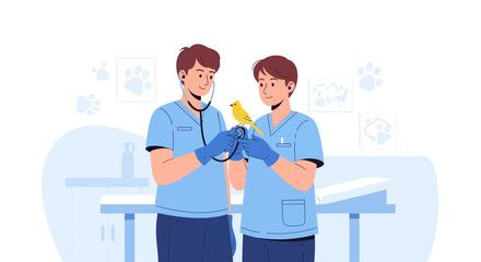 Obraz premium Veterinarians examine a small bird in a clinic, medical concept illustration.