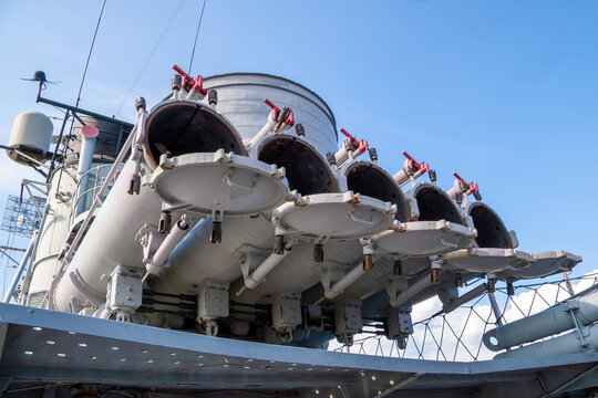 Deck-mounted quintuple torpedo launcher tubes on USS Cassin Young (DD-793), WW-II destroyer now a National Park Service museum in Boston, Mass.