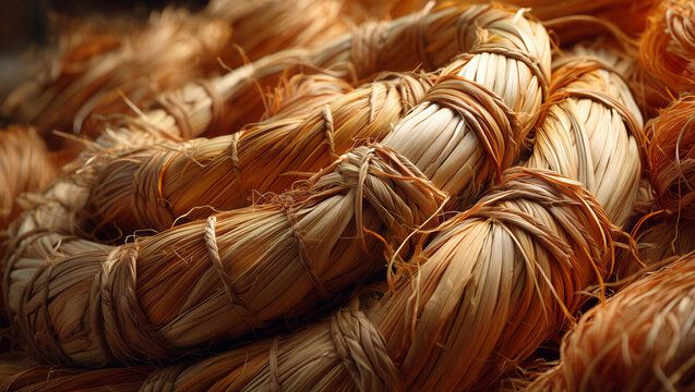 Close up macro shot of natural rustic brown jute rope fibers wound in spiral bundles with material close-up industrial strength background agriculture sustainability crafting packaging