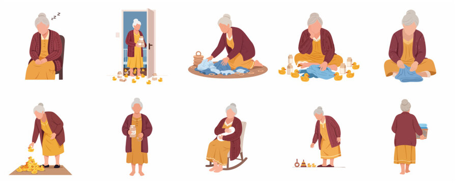Set of vector illustrations depicting an elderly woman with symptoms of dementia, Alzheimer's disease, and cognitive decline, showing confusion, memory loss, and repetitive behaviors.