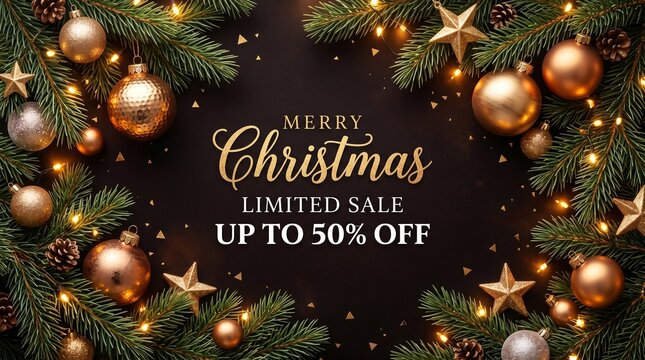 Merry Christmas Limited Sale Up to 50 Percent Off Dark Luxury Banner with Golden Baubles Pine Branches and Stars