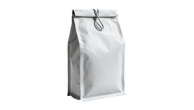 Isolated blank white stand-up pouch bag with string tie, ideal for food product packaging design.