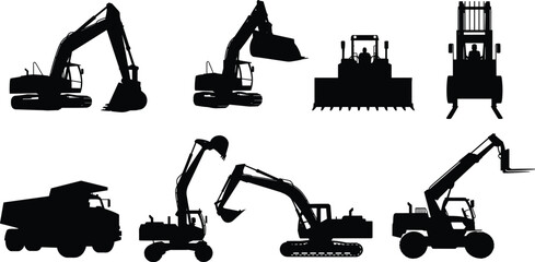 Construction, machinery, silhouettes, set, excavator, bulldozer, forklift, dump, truck, loader, industrial, vehicle, vector, black, heavy, equipment, building, site, elements, collection © RABBI