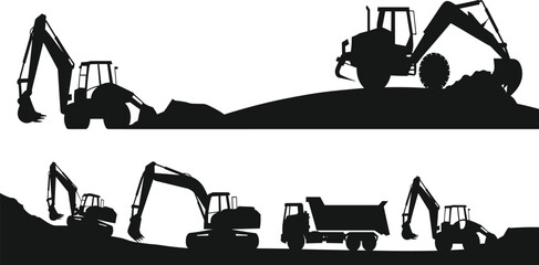Construction, site, silhouettes, landscape, excavator, dump, truck, loader, digger, heavy, machinery, equipment, building, industrial, engineering, vehicle, background, vector, black, collection © RABBI