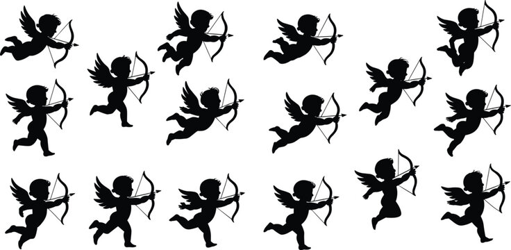 Cupid, angel, valentines, day, silhouettes, set, love, romance, cherub, bow, arrow, black, vector, illustration, wedding, holiday, graphics, collection, elements, design
