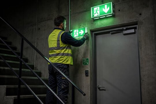 A male technician installing a green emergency exit sign on a concrete wall in a dark industrial building near a staircase and a metal fire door