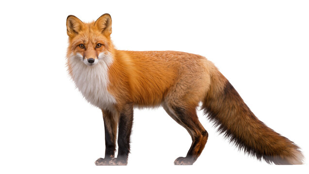 Isolated full body portrait of a beautiful alert red fox standing and looking at the camera