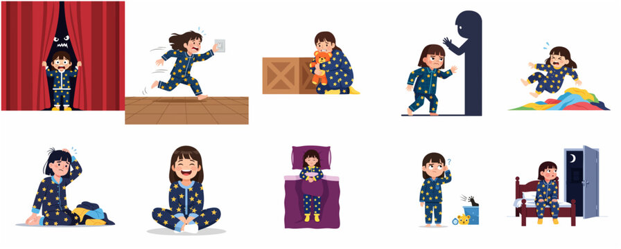 Set of little girl character illustrations showing various childhood fears and bedtime emotions such as nyctophobia, nightmares, and fear of the dark.