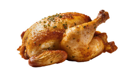 Isolated delicious whole roasted chicken with crispy golden skin and fresh green herbs © Francisco