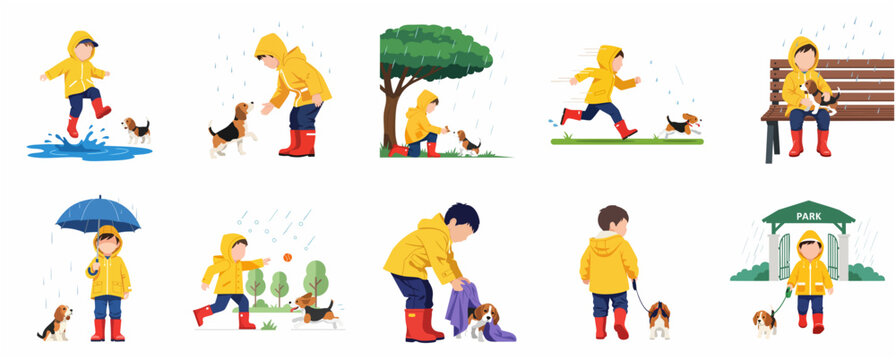 Set of vector illustrations featuring a boy in a yellow raincoat and his beagle puppy enjoying various activities on a rainy day