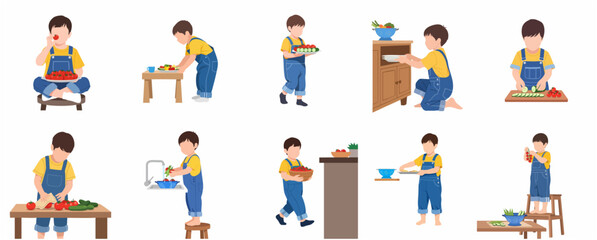 Flat vector illustration set of a young boy helping in the kitchen, washing and preparing fresh vegetables like tomatoes and cucumbers for a healthy meal.