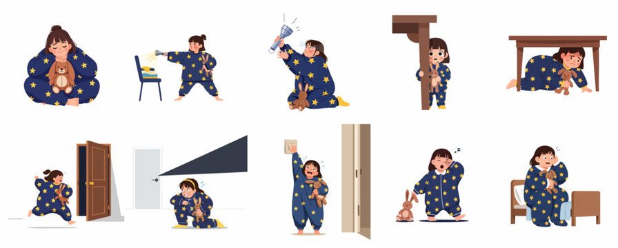 Set of cartoon illustrations featuring a little girl in star pajamas experiencing childhood fears of the dark and bedtime routines
