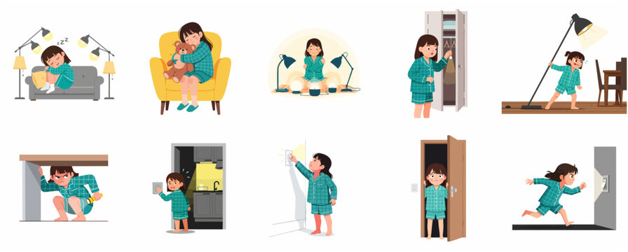 Set of Illustrations Featuring a Little Girl in Pajamas Experiencing Fear of the Dark and Bedtime Emotions