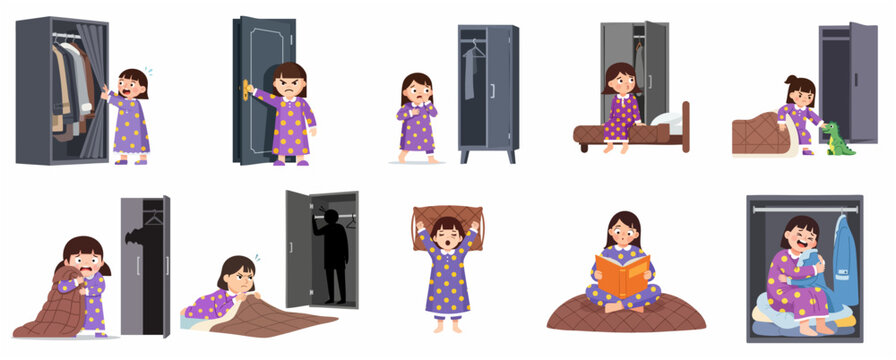 Cartoon little girl in pajamas experiencing bedtime fears and emotions, set of illustrations