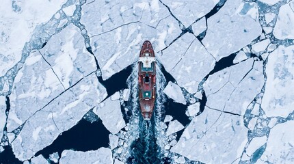 Fototapeta na wymiar Icebreaker ship navigating through frozen arctic sea from aerial perspective 