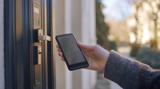 A hand holds a smartphone near a smart door lock to unlock it.