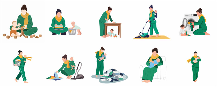 Collection of illustrations depicting a hardworking mother multitasking between household chores and caring for her infant baby