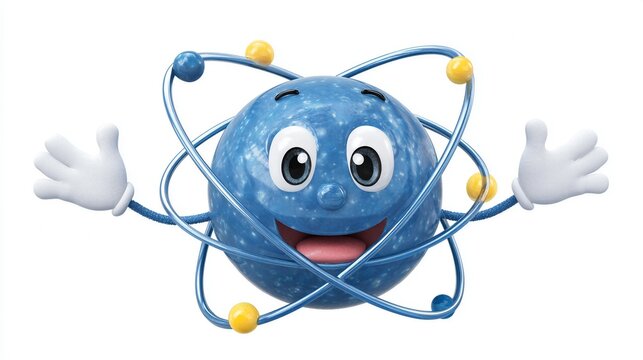 Cute 3D atom character with happy smiling face and cartoon hands. Scientific mascot representing physics, science education and atomic structure. Symbolic fun model for school chemistry.