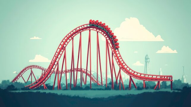 A red roller coaster track with red cars going up a hill with a blue sky and white clouds in the background.